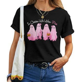 In October We Wear Pink Halloween Ghost Breast Cancer Women T-shirt - Seseable