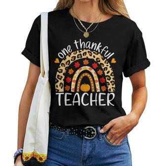One Thankful Teacher Thanksgiving Rainbow Leopard Fall Women T-shirt - Seseable