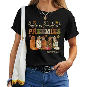 Pacifiers Pumpkins And Preemies Fall Autumn Nicu Nurse Women T-shirt
