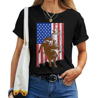 Patriotic American Flag Rodeo Bull Riding Humor Patriotic Women T-shirt | Mazezy