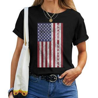 Patriotic Speed Skating - Retro American Flag Graphic Patriotic Women T-shirt | Mazezy