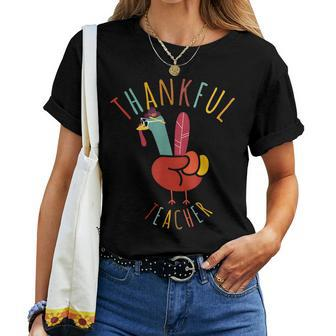Peace Hand Sign Turkey Thankful Teacher Thanksgiving Women T-shirt - Seseable