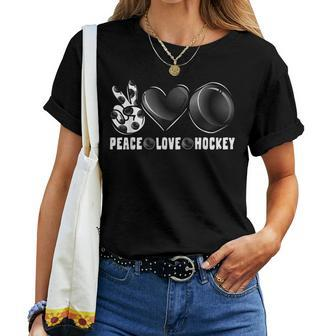 Peace Love Hockey Funny Mommy Dad Boys Girls Son Daughter Women T-shirt - Seseable