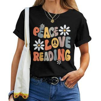 Peace Love Reading Groovy Bookworm Book Nerd Reading Teacher For Teacher Women T-shirt Crewneck | Mazezy