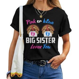 Pink Or Blue Big Sister Loves You Gender Reveal Thanksgiving Women T-shirt | Mazezy