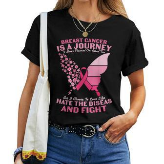 Pink Butterfly Sunflower Breast Cancer Warrior Pink Ribbon Women T-shirt | Mazezy