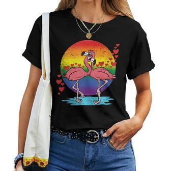 Pink Flamingo Gay Pride Flag Lgbt-Q Rainbow Moon Animal Women T-shirt | Mazezy