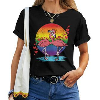 Pink Flamingo Gay Pride Flag Lgbt-Q Rainbow Moon Animal Women T-shirt Crewneck | Mazezy