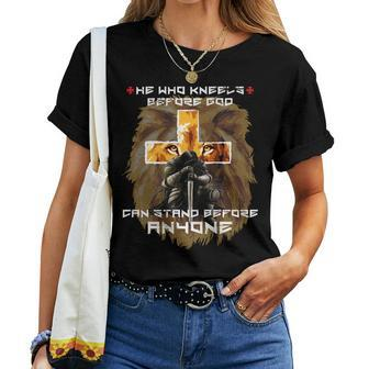 Prayer Warrior Lion Judah Christian Cross Graphic Back Print Women T-shirt | Mazezy