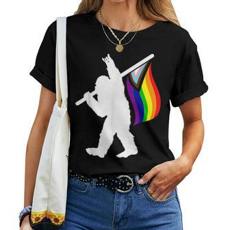 Progress Pride Flag Bigfoot Rainbow Lgbtq Month Sasquatch Women T-shirt | Mazezy