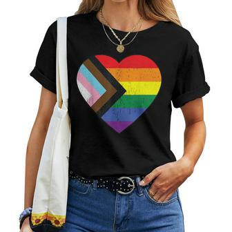 Progress Pride Flag Rainbow Heart Vintage Retro Love Lgbt Women T-shirt | Mazezy