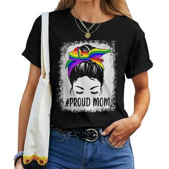 Proud Mom Messy Hair Bun Lgbtq Rainbow Flag Gay Pride Ally Women T-shirt | Mazezy