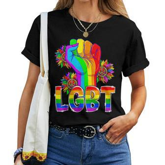 Proud Rainbow Hand Fist Lgbt Rainbow Sunflower Pride Month Women T-shirt | Mazezy