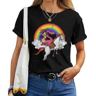 Pug Dog Pirate Flamingo Bird Riding Unicorn Magical Rainbow Women T-shirt Crewneck | Mazezy
