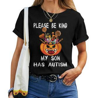 Pumpkin With Candy Halloween Be Kind My Son Has Autism Women T-shirt | Mazezy