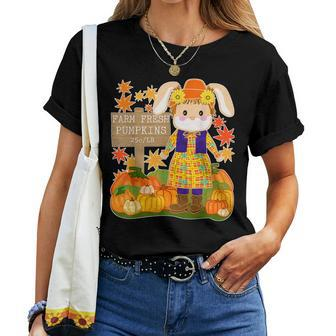 Pumpkin Patch Farm Clothing Cute Bunny Scarecrow In Fall Pumpkin Women T-shirt | Mazezy