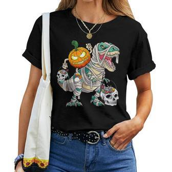 Pumpkin Riding Mummy Dinosaur T Rex Halloween Skeleton Women T-shirt | Mazezy