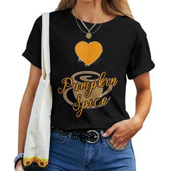 Pumpkin Spice Coffee Cup Heart Fall Flavors Graphic For Coffee Lovers Women T-shirt | Mazezy