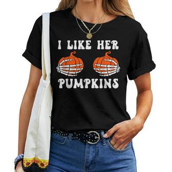 I Like Her Pumpkins Groovy Matching Couple Halloween Women T-shirt | Mazezy AU