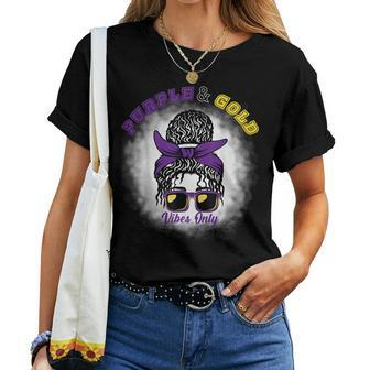 Purple & Gold Vibes Only Bleached Messy Bun High School Women T-shirt - Monsterry CA