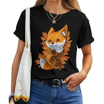 Red Forest Fox Baby Animal Autumn Fall Leaves Women T-shirt | Mazezy