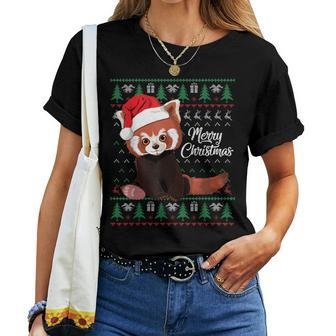 Red Panda Christmas Ugly Sweater Merry Xmas Pajamas Women T-shirt | Mazezy