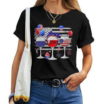 Red White Blue Three Wine Glasses American Flag 4Th Of July  Women T-shirt Casual Daily Crewneck Short Sleeve Graphic Basic Unisex Tee
