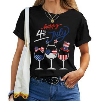 Red White Blue Wine Glass Usa Flag Happy 4Th Of July Women Crewneck Short T-shirt