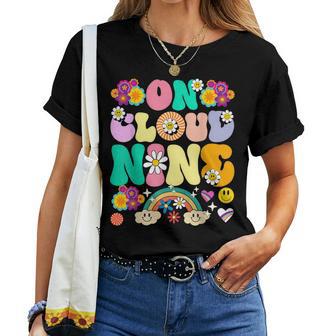 Retro On Cloud Nine Flower Happy 9Th Birthday 9 Years Old Women T-shirt - Thegiftio UK