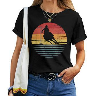 Retro Cowgirl Riding Horse Silhouette Rodeo Pole Bending Women T-shirt | Mazezy