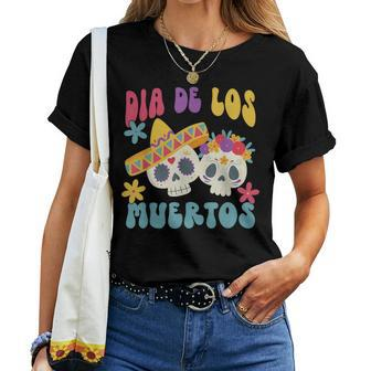 Retro Groovy Dia De Los Muertos Sugar Skull Day Of The Dead Women T-shirt | Mazezy