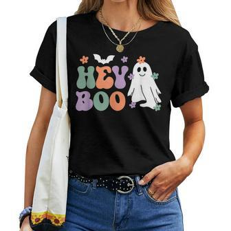 Retro Groovy Hey Boo Cute Ghost Halloween Women T-shirt - Thegiftio UK