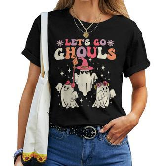 Retro Groovy Let's Go Ghouls Halloween Ghost Outfit Costume Women T-shirt - Monsterry CA