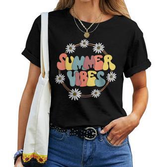 Retro Groovy Summer Vibes Sunflower Hello Summer Vacation Women T-shirt - Thegiftio UK