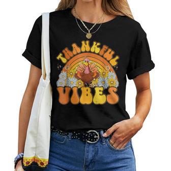 Retro Groovy Thankful Vibes Turkey Fall Autumn Thanksgiving Women T-shirt - Seseable