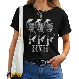 Retro Howdy Skeleton Cowgirl Dancing Cowboy Boots Horse Women T-shirt - Monsterry