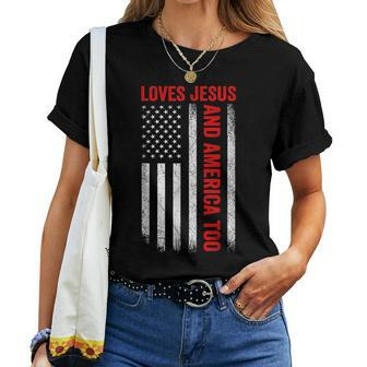 Retro Loves Jesus And America Too American Flag 4Th Of July Women T-shirt | Mazezy