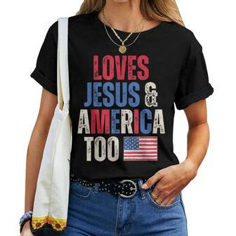 Retro Loves Jesus And America Too Christian American Flag Women T-shirt | Mazezy