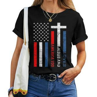 Retro Loves Jesus & America Too Christ 4Th Of July Usa Flag Usa Women T-shirt | Mazezy