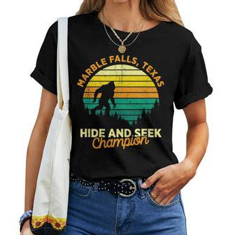 Retro Marble Falls Texas Big Foot Souvenir Women T-shirt | Mazezy