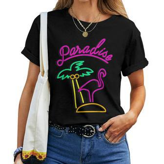 Retro Neon Sign Paradise Flamingo Palm Tree Graphic Women T-shirt | Mazezy