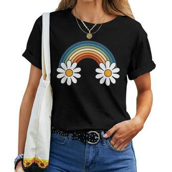 Retro Rainbow Daisy Groovy Hippie Boho Graphic Women T-shirt | Mazezy