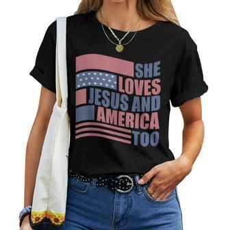 Retro She Loves Jesus America Too 4Th Of July American Flag Women T-shirt | Mazezy