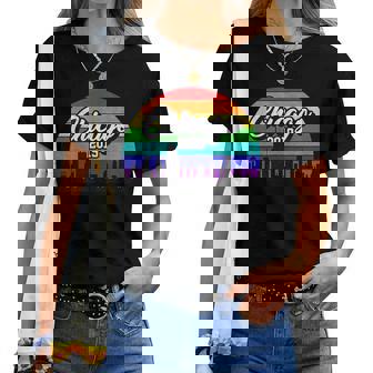 Retro Style Rainbow Sunset Souvenir 2019 Chicago Gay Pride Women T-shirt | Mazezy