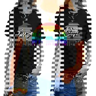 Retro Style Rainbow Sunset Souvenir Chicago Gay Pride Women T-shirt Crewneck | Mazezy