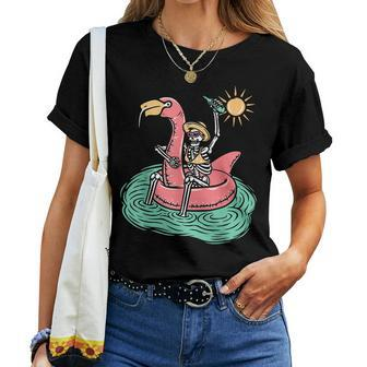 Retro Summer Skeleton Flamingo Float Vacation Beach Drink Women T-shirt | Mazezy