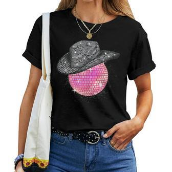 Rhinestone Cowgirl Pink Disco Ball Wearing Cowboy Hat Retro Women T-shirt - Monsterry