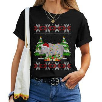 Rhino Christmas Tree Lights Rhino Ugly Sweater Santa Xmas Women T-shirt - Seseable