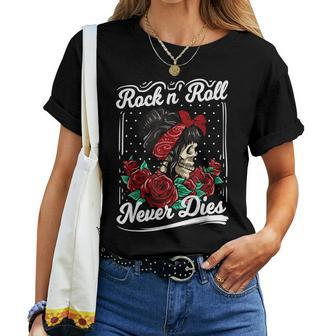 Rock N Roll Never Dies Rockabilly Girl Skull Tattoo Pin-Up Women T-shirt | Mazezy