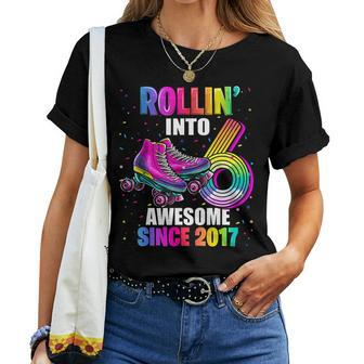 Rollin Into 6 Awesome 2017 Roller Skating 6Th Birthday Girls Women T-shirt Short Sleeve Graphic - Thegiftio UK
